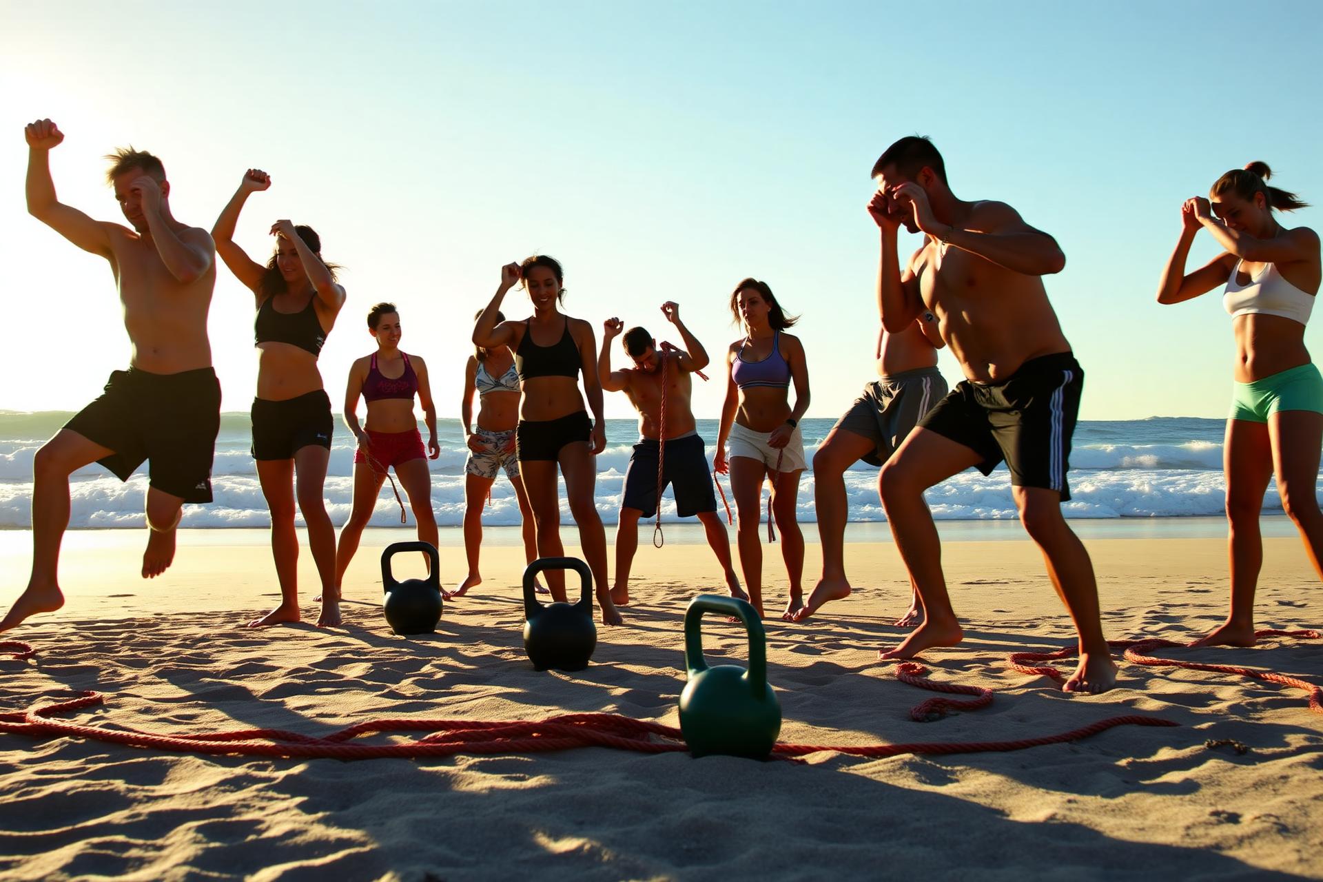 Grupo entrenando en arena al amanecer